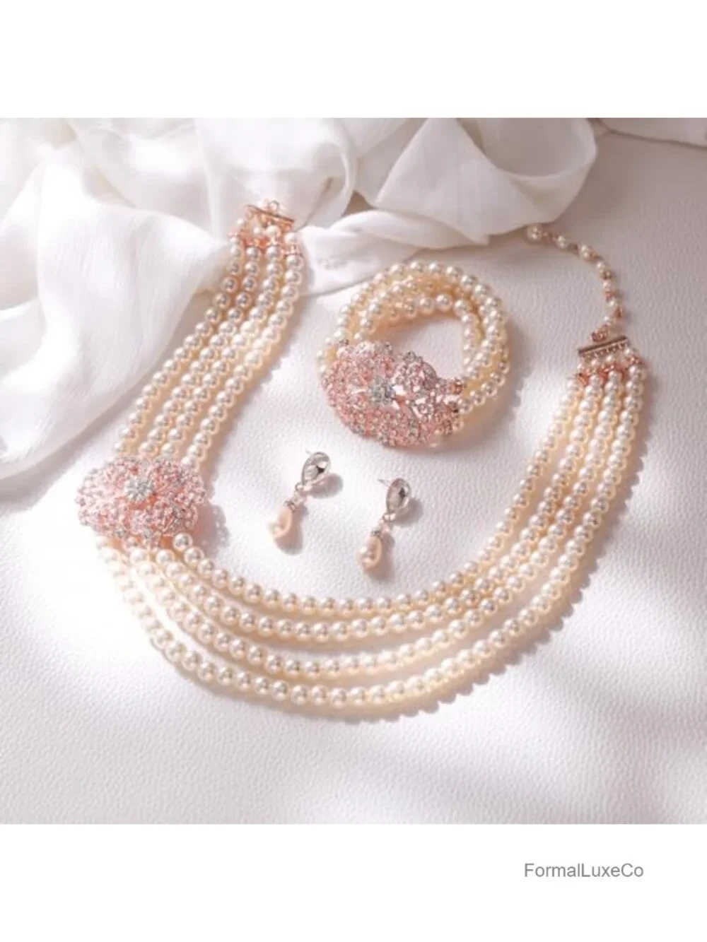 Victorian Style Bridal Jewelry Set Simulated Pearl Necklace Earrings Bracelet